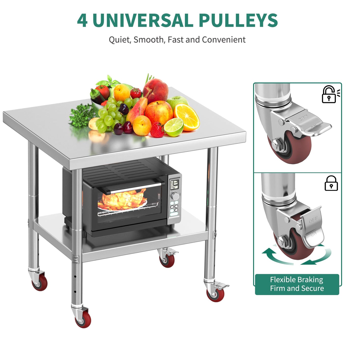 YITAHOME NSF Stainless Steel Table, 30" X 24" Work Table with Wheels, 2 Shelves Metal Prep Worktable for Home Kitchen Restaurant Garage Warehouse Outdoor