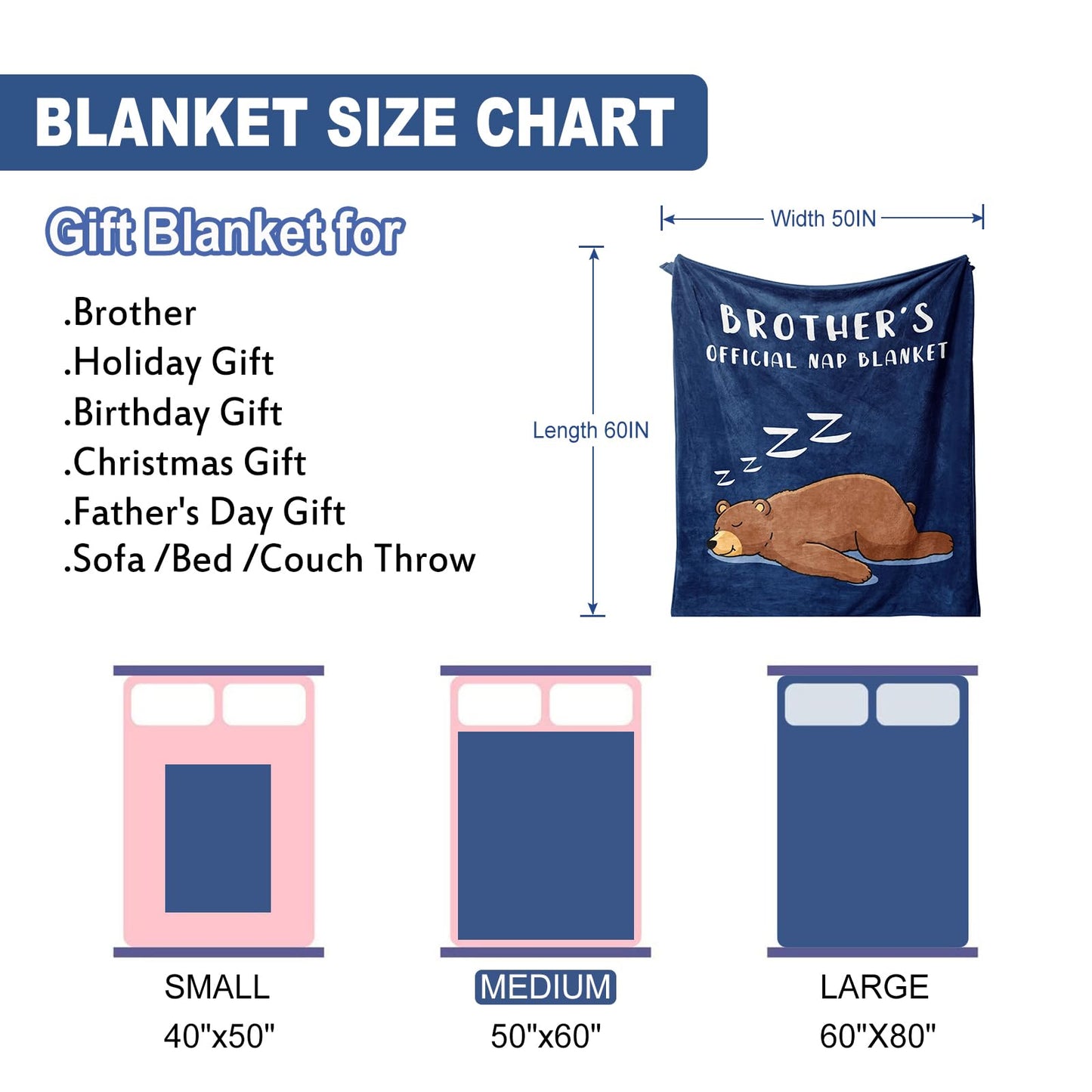 Pezolen Gifts for Brother Nap Blanket 60"x50", Cool Brother Birthday Gifts, Best Brother Gifts from Sister, Funny Gift for Brothers Adult from Sister on Fathers Day Christmas Blue Throw
