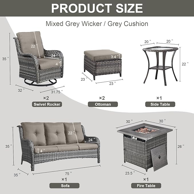 Belord Outdoor Patio Furniture Set with Propane Fire Pit Table, 7 Pieces Wicker Patio Conversation Set with 2 Swivel Glider Rocker Chair Rattan Sofa Grey Cushion Perfect for Casual Gathering