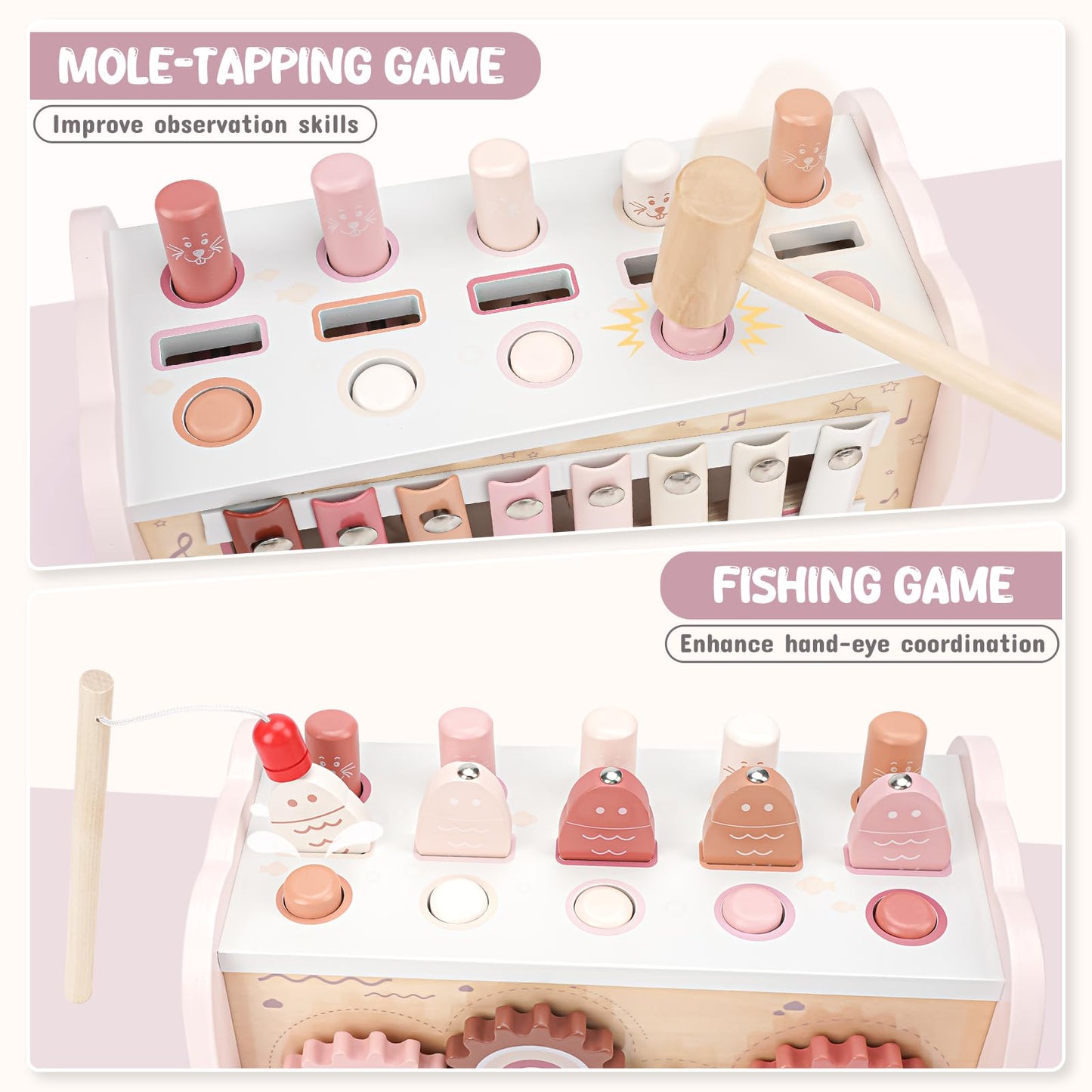 Joyreal Montessori Toys for 1 Year Old Girl Gift - Pink Wooden Hammering Pounding Toy with Xylophone & Fishing Game - Toddler Learning Activities for Kids 1+ 2 3 Year Old Christmas Birthday Gifts