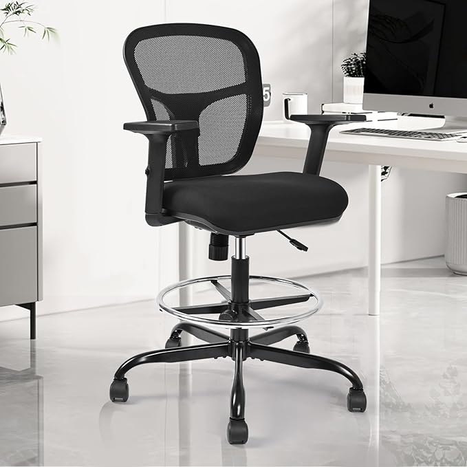 Drafting Chair, Tall Office Chair Ergonomic Standing Desk Chair,Rolling Desk Chair with Adjustable Armrest & Foot Ring,SGS Certified Gas Cylinder,High Rebound Sponge. (Black)