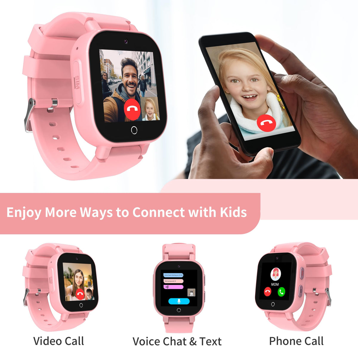 Kids Smart Watches Girls with GPS Tracker, GPS Watch for Kid Age 5-12 with Video & Voice Calling Texting SOS Puzzle Games Alarm Camera Pedometer Sport Mode, Kids Cell Phone Watch for 6 7 8 9 10(Pink)