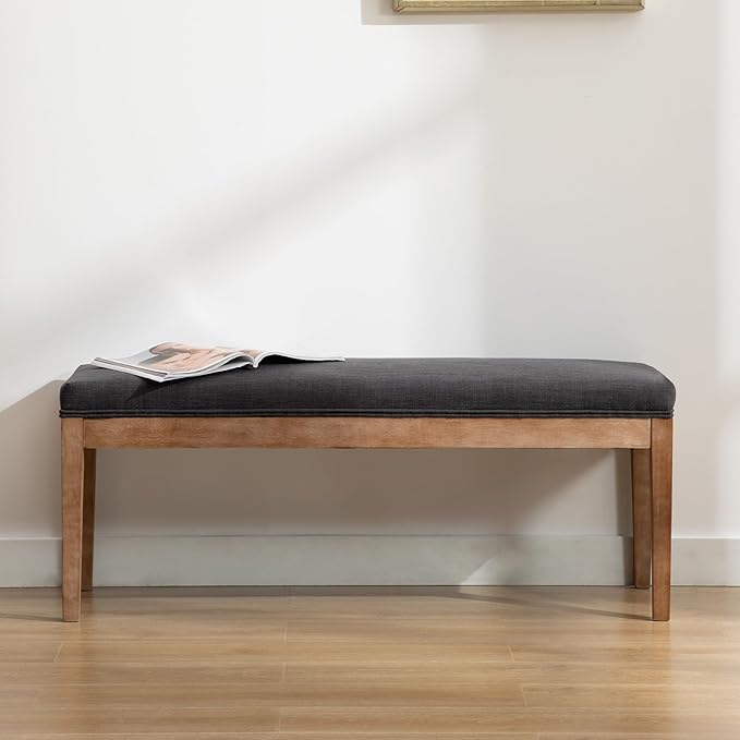 DM Furniture Linen Dining Bench Upholstered Entryway Bench Farmhouse Shoe Bench Seat Ottoman for Hallway Living Room Bedroom End of Bed Dining Room Kitchen, 45.5" Long, Charcoal