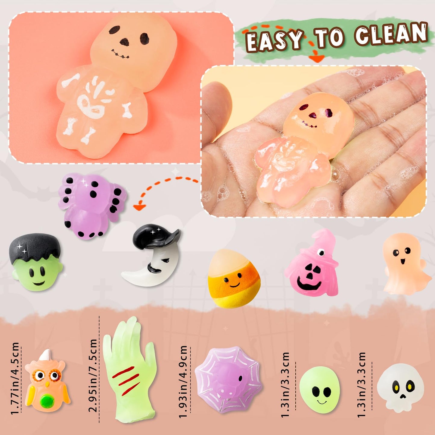 OOINQQ 24pcs Halloween Squishy Toys Glow in The Dark Mochi Squishy Stress Toys for Kids Teens Adults Halloween Party Favors Trick or Treat Goodie Bag Toys Classroom Prizes Gifts for Kids