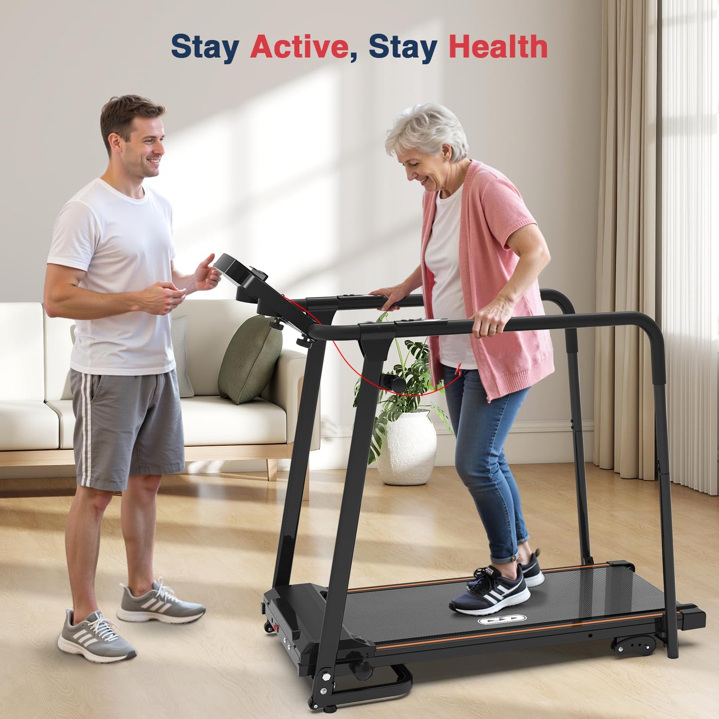 Redliro Treadmill for Seniors with Long Handrails - Foldable Walking Treadmill for Home Small, 300 lbs Capacity, 0-2% Incline, Auto Lube, Mute & Quick Speed Button, Elder Recovery, Cup & Phone Holder