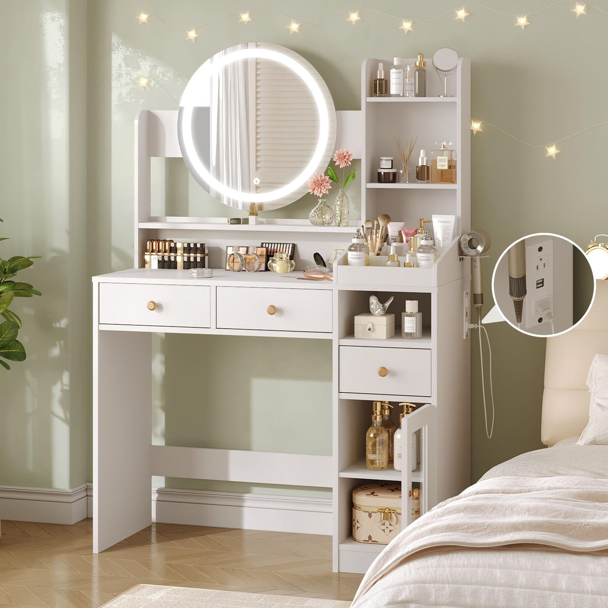 Vabches Vanity with Round Mirror and Lights,39 Inch Makeup Vanity Table with 3 Storage Compartments&Drawers,White Vanity with Glass Door Cabinet&Power Strip,Dressing Table for Bedroom