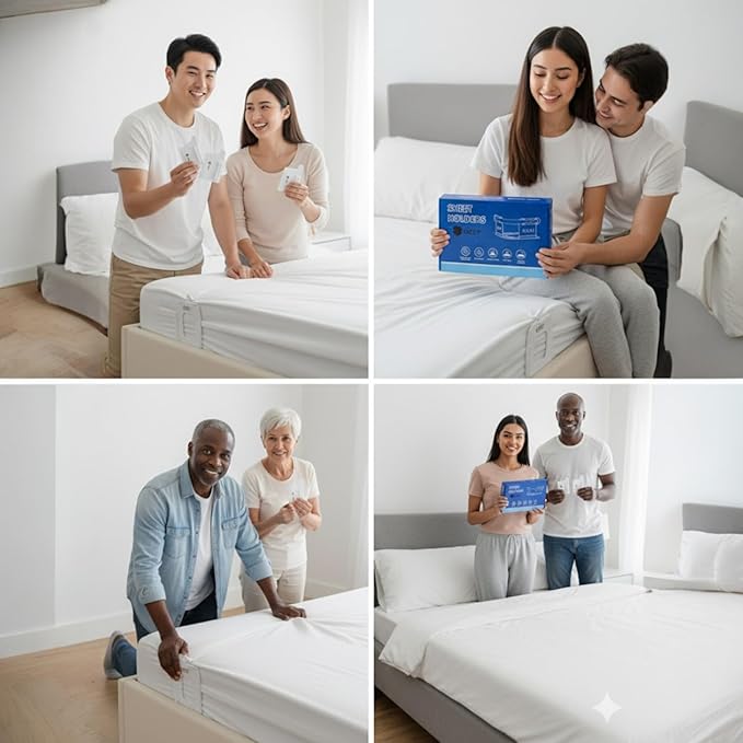 Bed Sheet Holders for Corners - 4 Pack Adjustable Sheet Grippers with Heavy Duty Clips - Bed Sheet Organizers and Storage Fasteners - Non-Slip Sheet Holders Keep Sheets Tight and Secure