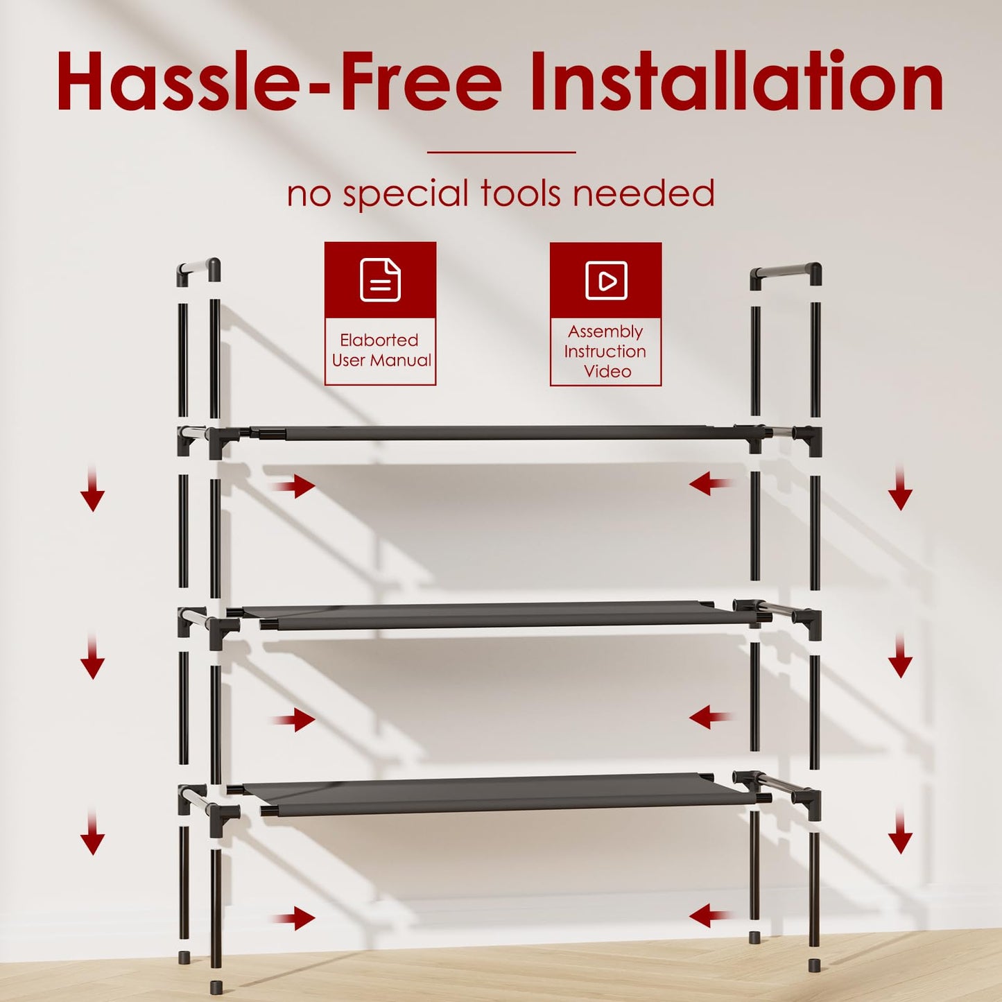 Sakugi Shoe Rack with Non-Woven Fabric - 3-Tier Shoe Organizer for Closet, Garage, Corridor & Entryway, Sturdy and Stackable, X-Large, Black