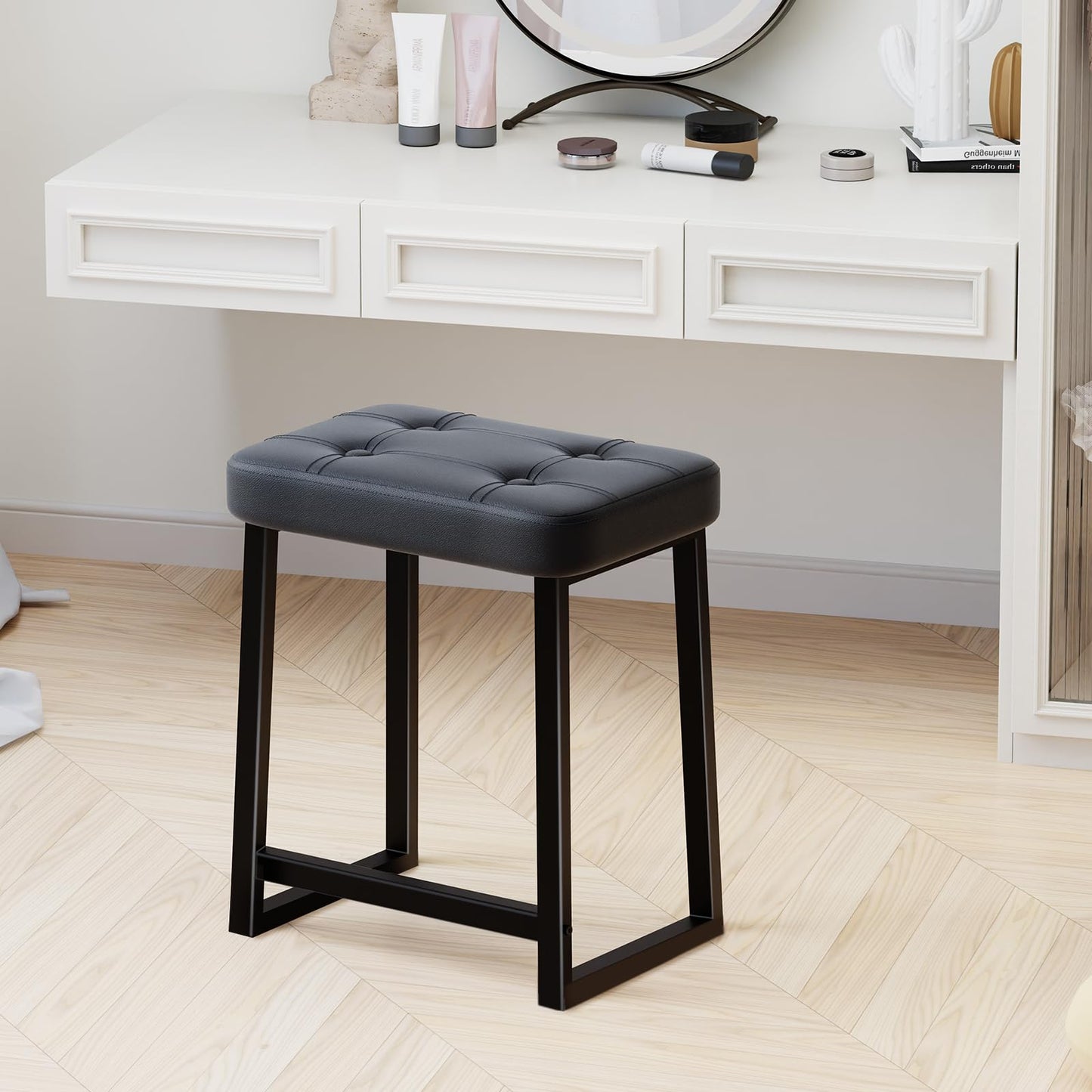 iTsst Vanity Stool Chair, Makeup Stool for Vanity,Small Ottoman Footrest for Living Room, Bathroom, Bedroom, Entryway, Offices，Leather &Metal Legs with Anti-Slip Feet, Black