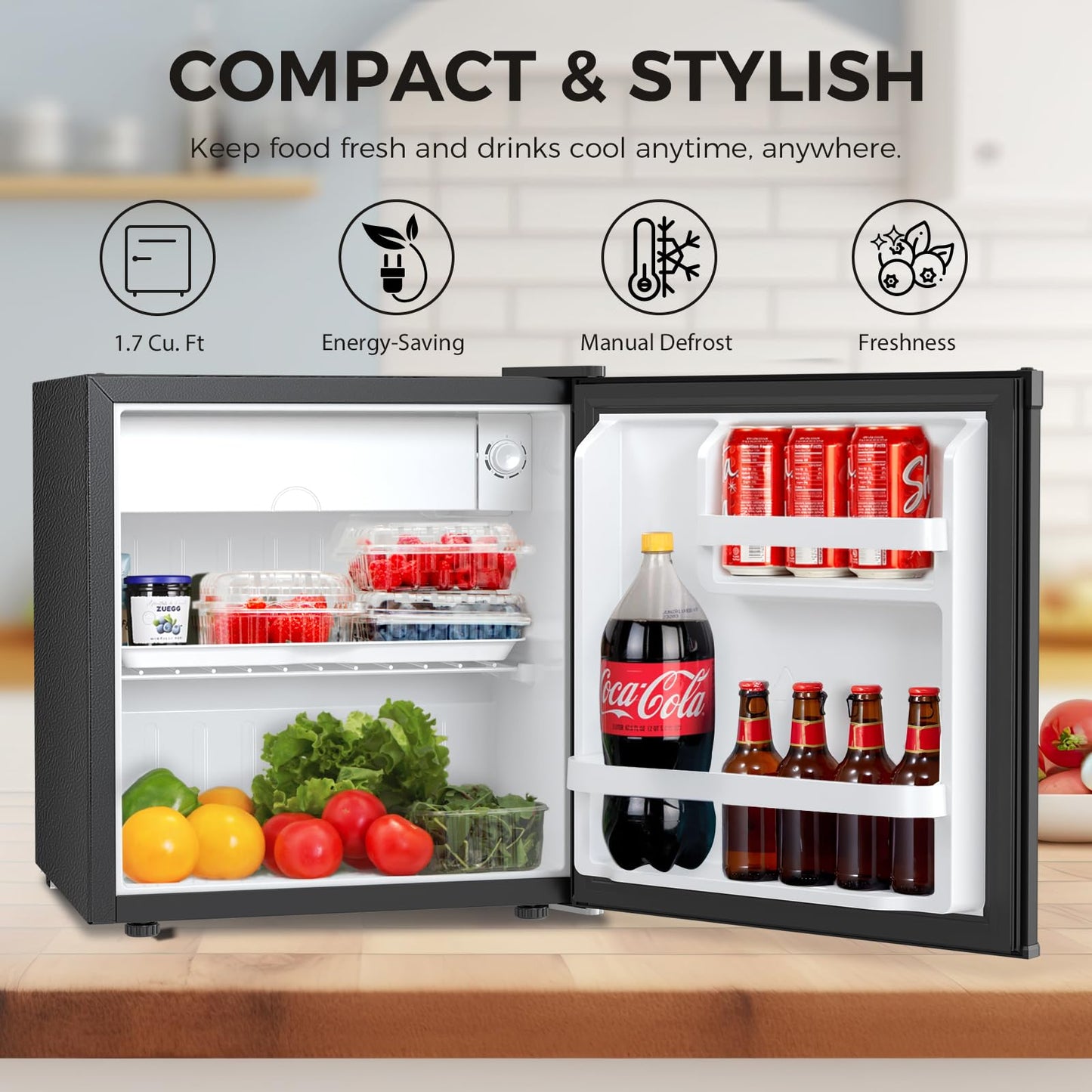 Antarctic Star 1.7 Cu.Ft Compact Refrigerator with Freezer,Adjustable Thermostat,Removable Glass Shelf,Single Reversible Door Mini Fridge for Bedroom,Office,Dorm,Black