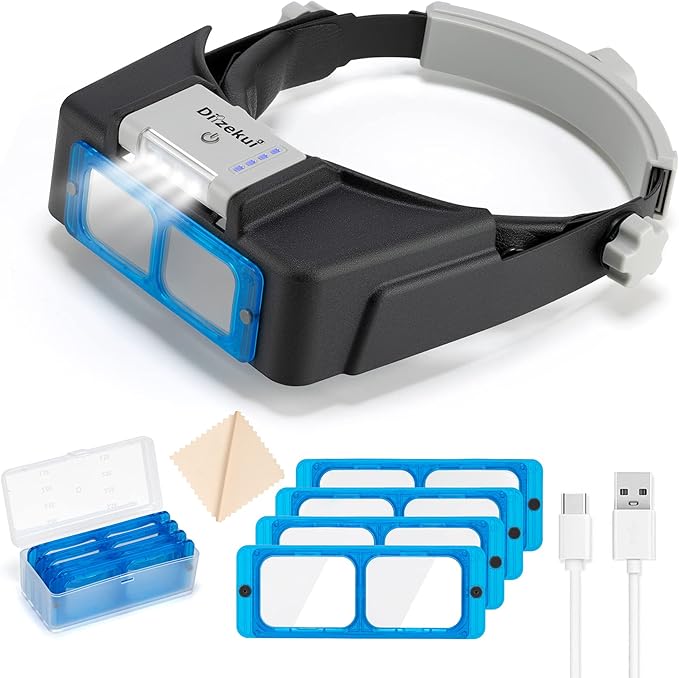 Dilzekui Headband Magnifier with LED Light, Rechargeable Head Mount Magnifier 1.5X to 3.5X, Opitcal Magnifying Glass with ...