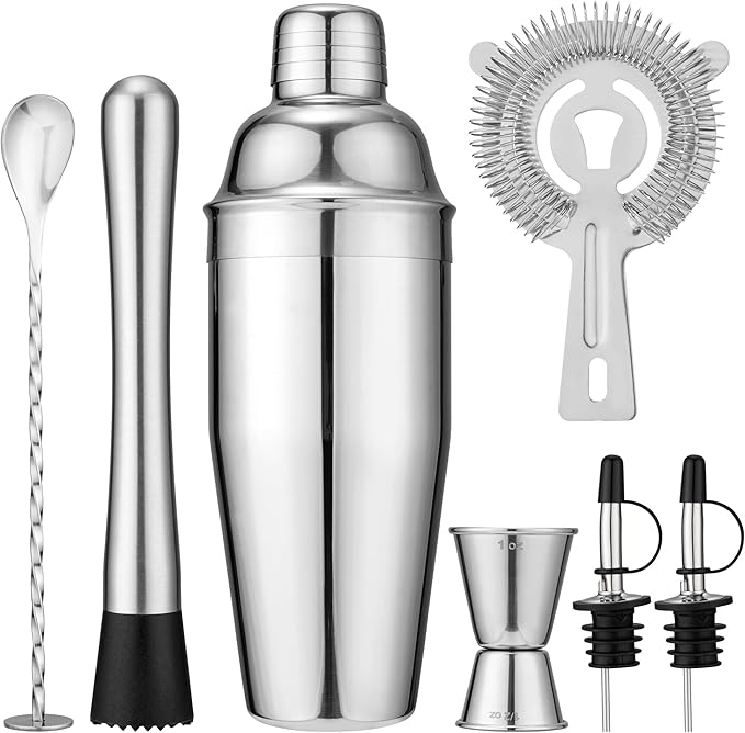7-Piece Cocktail Shaker Set, 24oz Shaker Strainer Muddler Jigger Mixing Spoon Pourers, Bartender Kit, Bar Accessories, Sta...