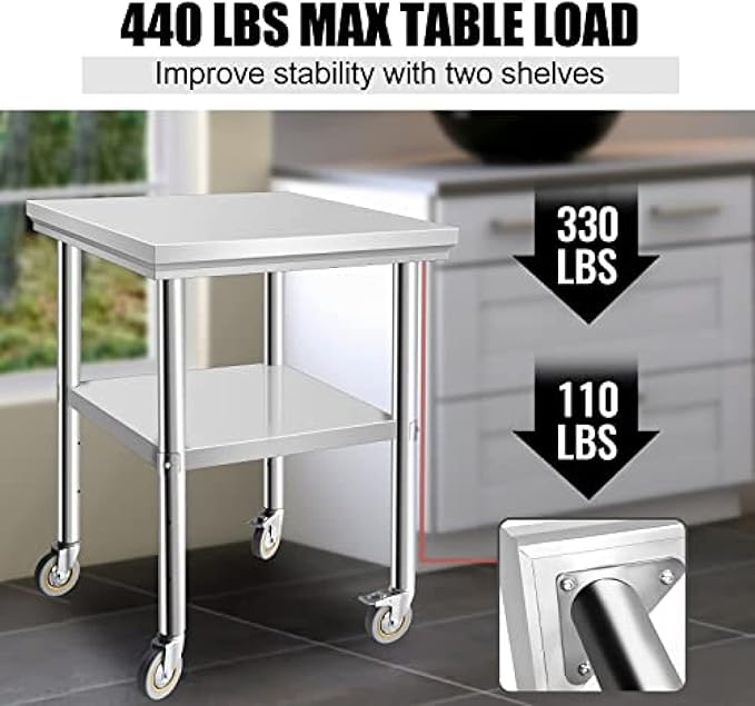 Stainless Steel Table - Metal Table Cart - Commercial Workbench with Caster Wheel - NSF Certified - for Restaurant, Warehouse, Home, Kitchen, Garage,24''x24''