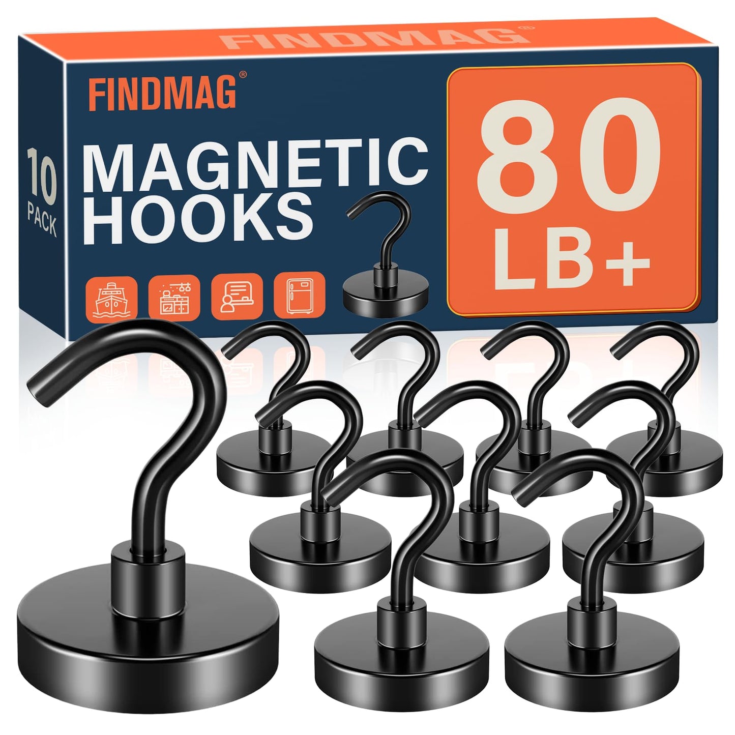 FINDMAG Magnetic Hooks Heavy Duty, 80lb+ Strong Magnetic Hooks for Cruise Cabins, Heavy Duty Magnets with Hook for Refrigerator, Black Magnet Hook for Classroom Kitchen Home 2026 Cruise Essentials