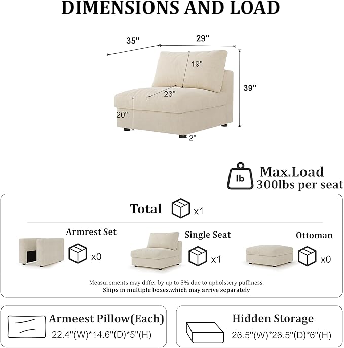 Cloud Modular Sectional Sofa Couch with Storage Ottoman, Oversized Sectional Couches for Living Room, Single Seat, Chenille, Beige