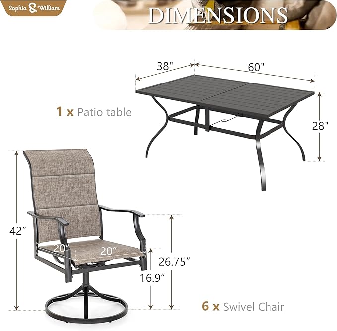 Sophia & William 7 Piece Outdoor Patio Dining Set, Patio Furniture Set with 6 Swivel High Back Patio Dining Chairs and Rectangular Metal Table, Textilene Fabric for Backyard, Poolside, Balcony