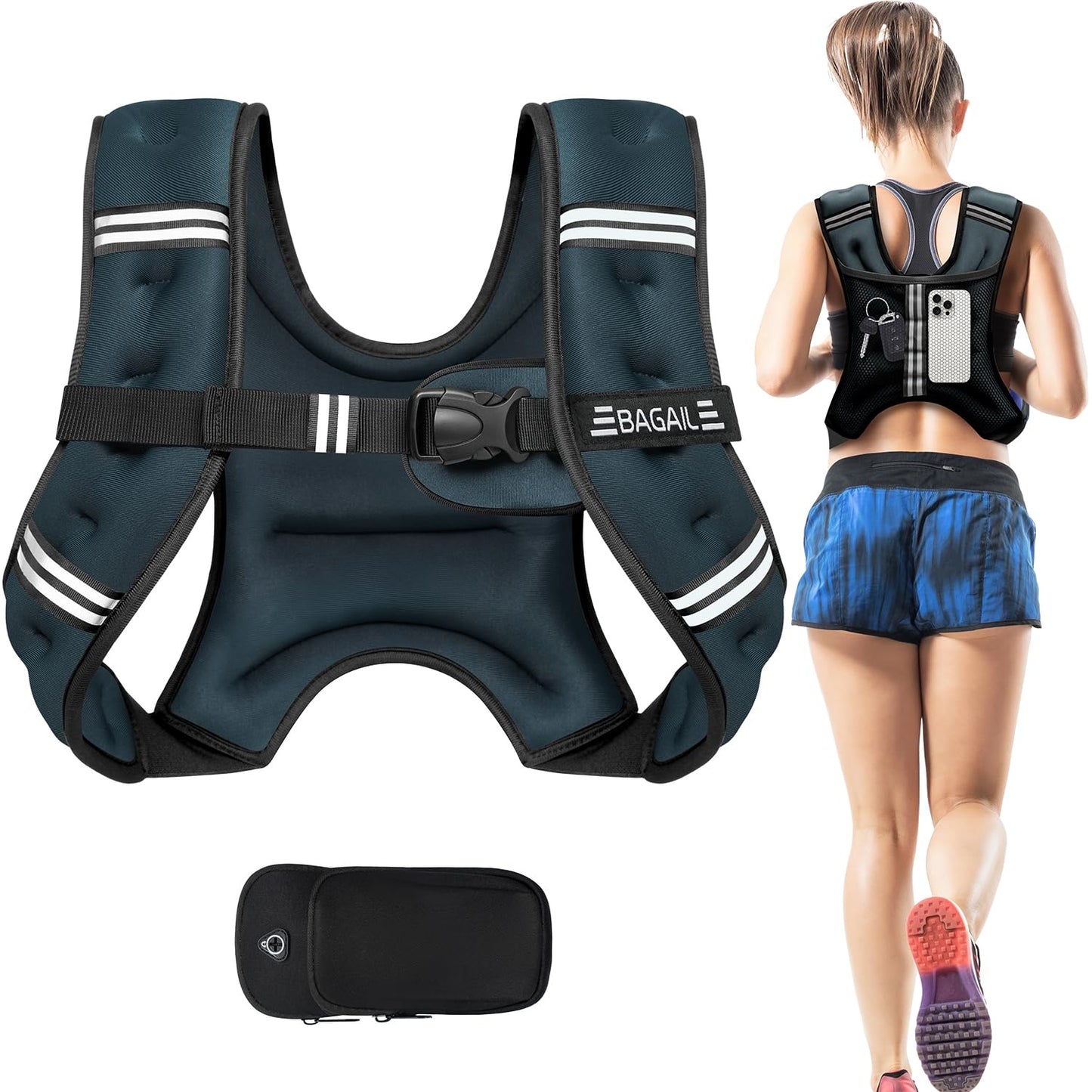 BAGAIL Weighted Vest, 5lb/8lb/10lb/12lb/15lb/20lb/25lb/30lb Weight Vest for Walking & Weight Loss, Reflective Rucking Vest with Phone Pouch for Women & Men, Home Gym & Outdoor Training