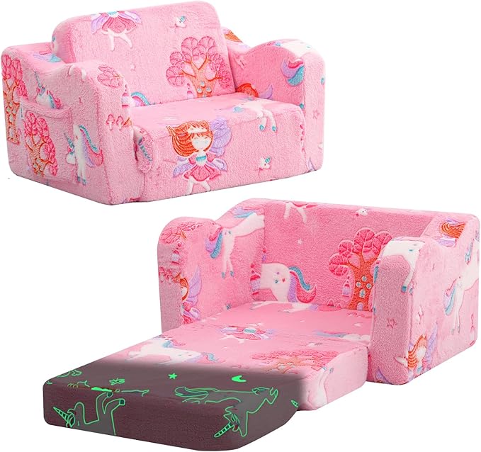 MeMoreCool Folding Toddler Chair, Glow-in-The-Dark Soft Plush Kids Fold-Out Couch Sofa, Comfy Baby Recliner for Girls and Boys (Pink Fairy)
