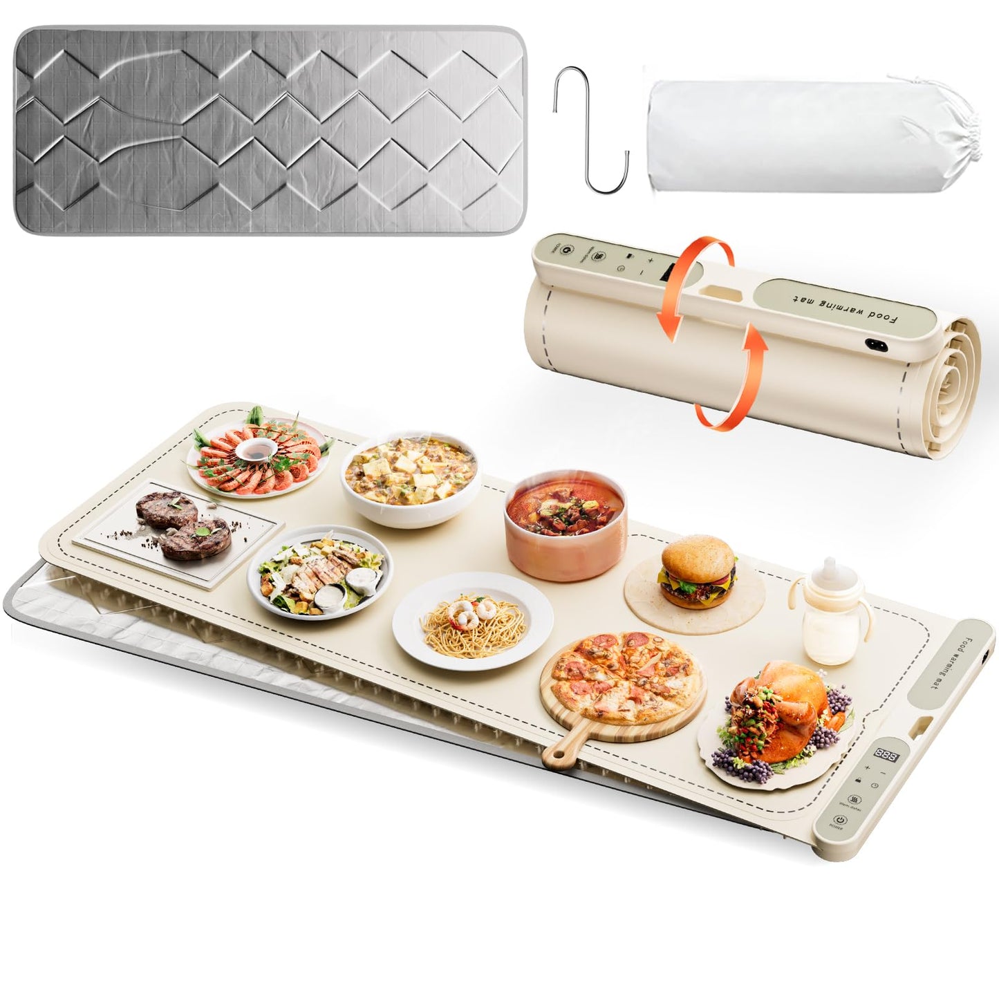 VMYTH Warming Mat for Food with Heat Resistant Pad,7-Temp & 8H Timer,Child Lock Safety,Fast Full-Food Warming Mats for Countertop,Family Dinners,Parties & Kitchen,Roll Up Warming Food Mat (39"×15")