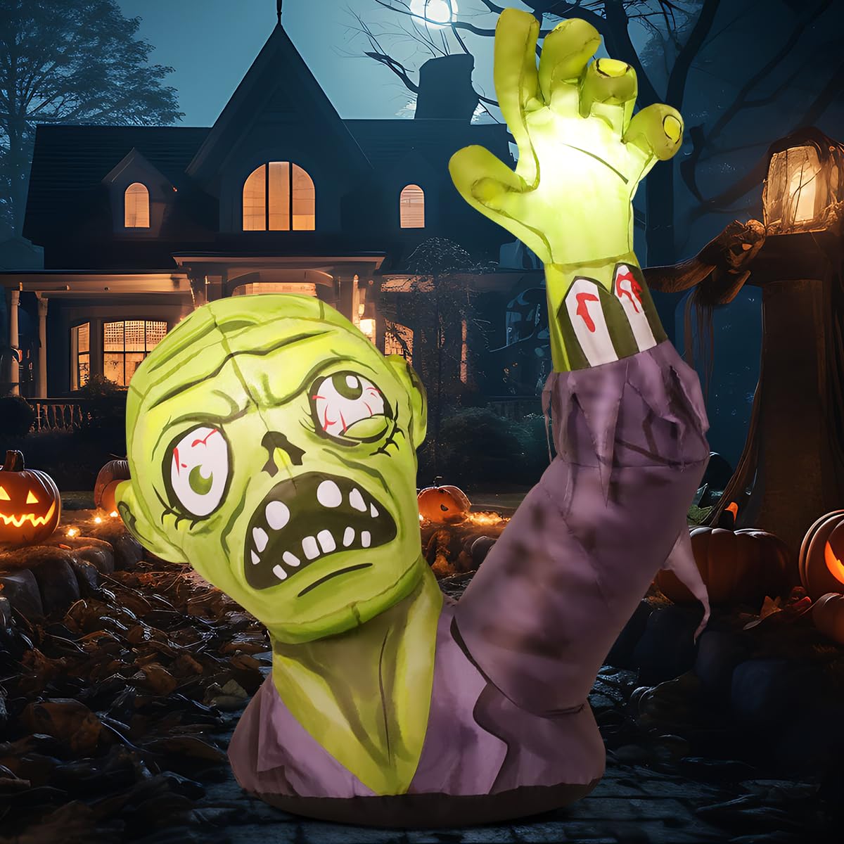 GOOSH 5.2 FT Halloween Inflatables Zombies Outdoor Decorations Blow Up Yard Terror Green Zombies Raise Hands with Built-in LEDs for Garden Lawn Indoor Decor