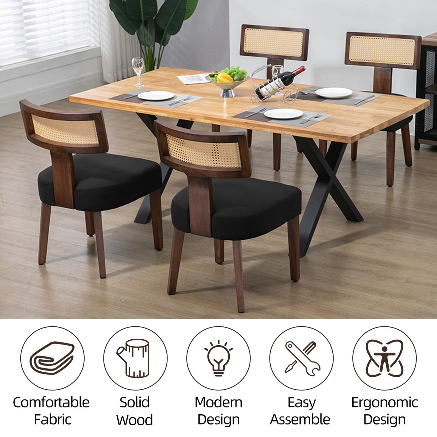 ZJhome Upholstered Rattan Dining Chairs Set of 4, Mid-Century Modern Fabric Dining Room Chairs with Brown Hardwood Frame, Curved Backrest Kitchen Armless Accent Chairs for Living Room (Black)