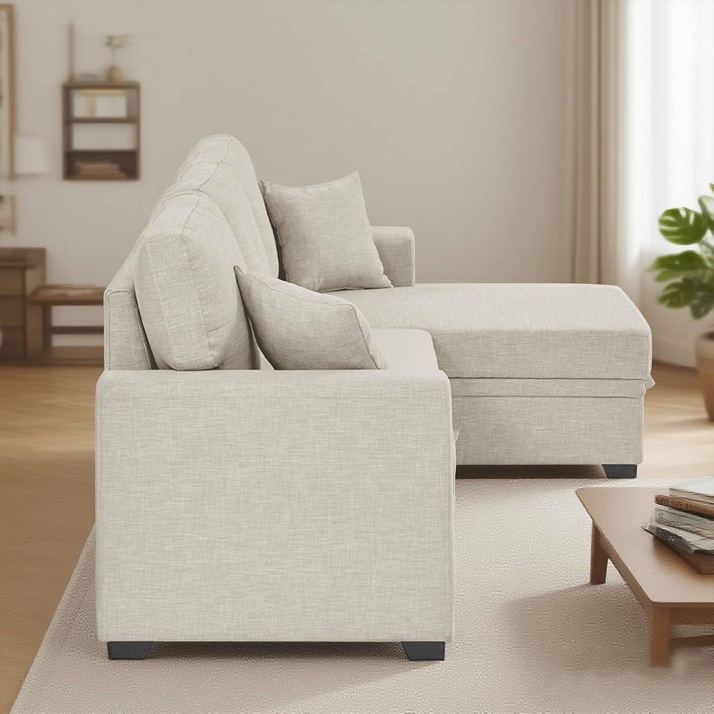 Nicbex Convertible Sofa Bed Couch with Storage Chaise,Upholstered Sleeper Sofa with Pull-Out Bed,Pull Out Couch,Sectional Couches for Living Room Beige