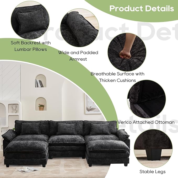 Oprisen 120" Modular Sectional Sofa, Comfy Cloud Couch Sectional Sofa with Ottoman, Chenille Sofa Sleeper Deep Seat Sofa with Throw Pillows for Living Room (Black, 120"- U Shape)