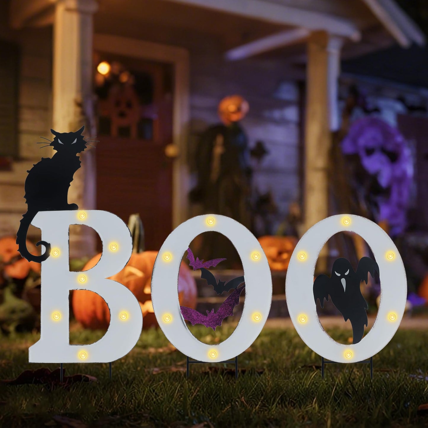 Prsildan 3 Pack Halloween Decorations Outdoor -Solar Powered Lighted Boo Yard Sign with Bats, Cat & Ghost, Waterproof Metal Lawn Stakes for Front Yard, Porch, Garden - Spooky Halloween Party Decor