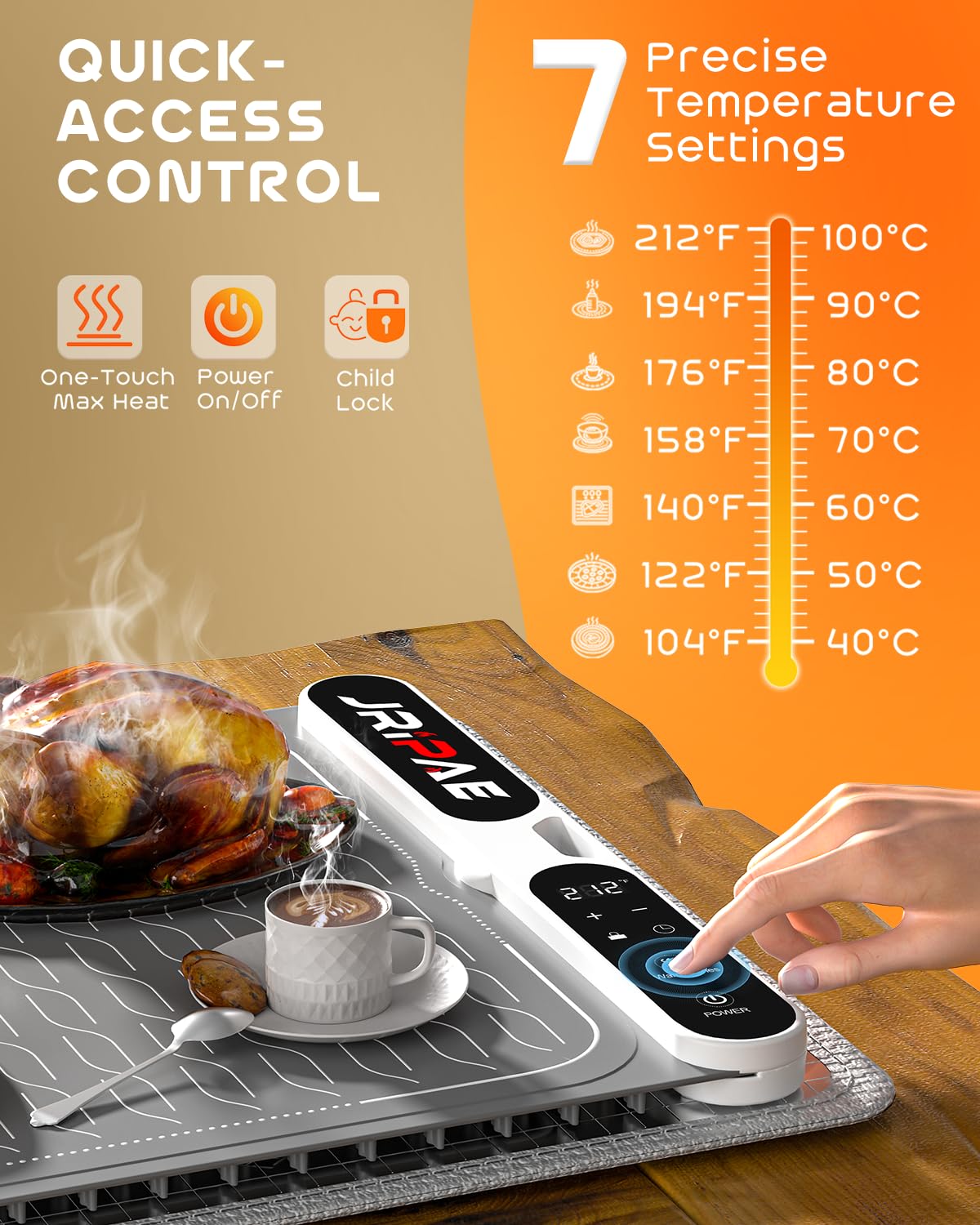 Jripae Warming Mat for Food, Fast Heating Silicone Electric Warming Tray with Heat Resistant Pad Protects Table,7 Level Temp, 8H Timer, Portable & Rollable Food Warmers for Parties Buffet, Daily Use
