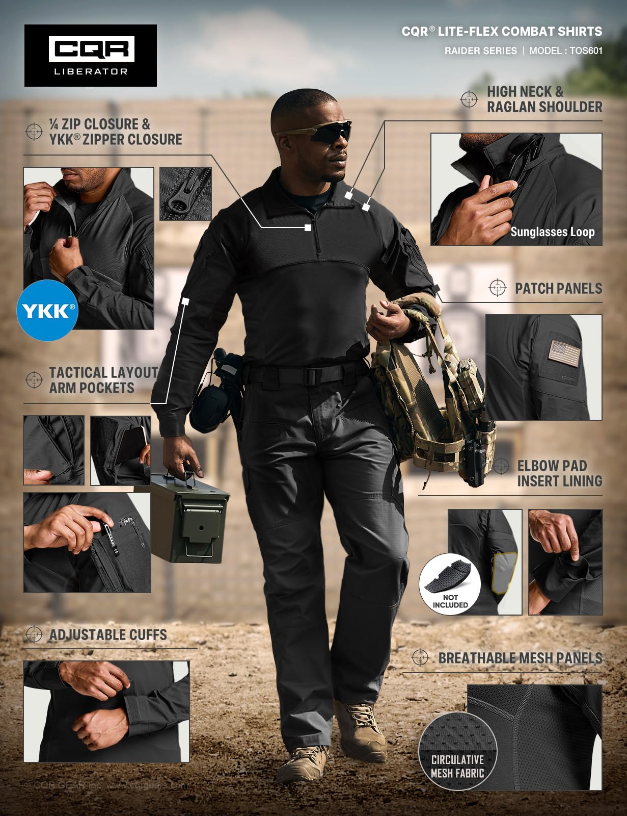 CQR Men's Combat Shirt Tactical 1/4 Zip Long Sleeve Military BDU Shirts Camo EDC Top with Pockets, Raider Black, X-Small