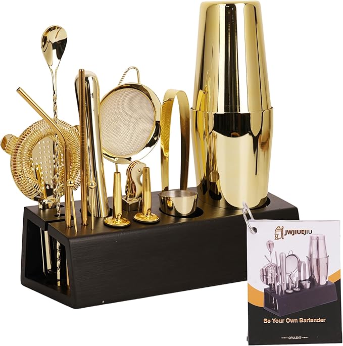 JWJIUEJIU Cocktail Shaker Set Bartender Kit with Bamboo Stand, 15-Piece Stainless Steel Bar Set Accessories, Professional ...