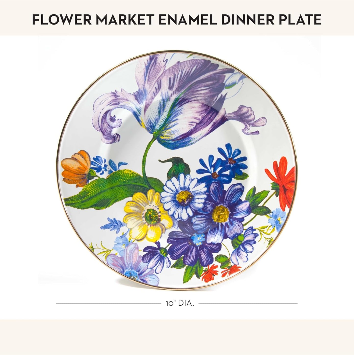 MACKENZIE-CHILDS Enamel Dinner Plate, Decorative Dinnerware Plate, 10 Inches, Set of 1, White Flower Market