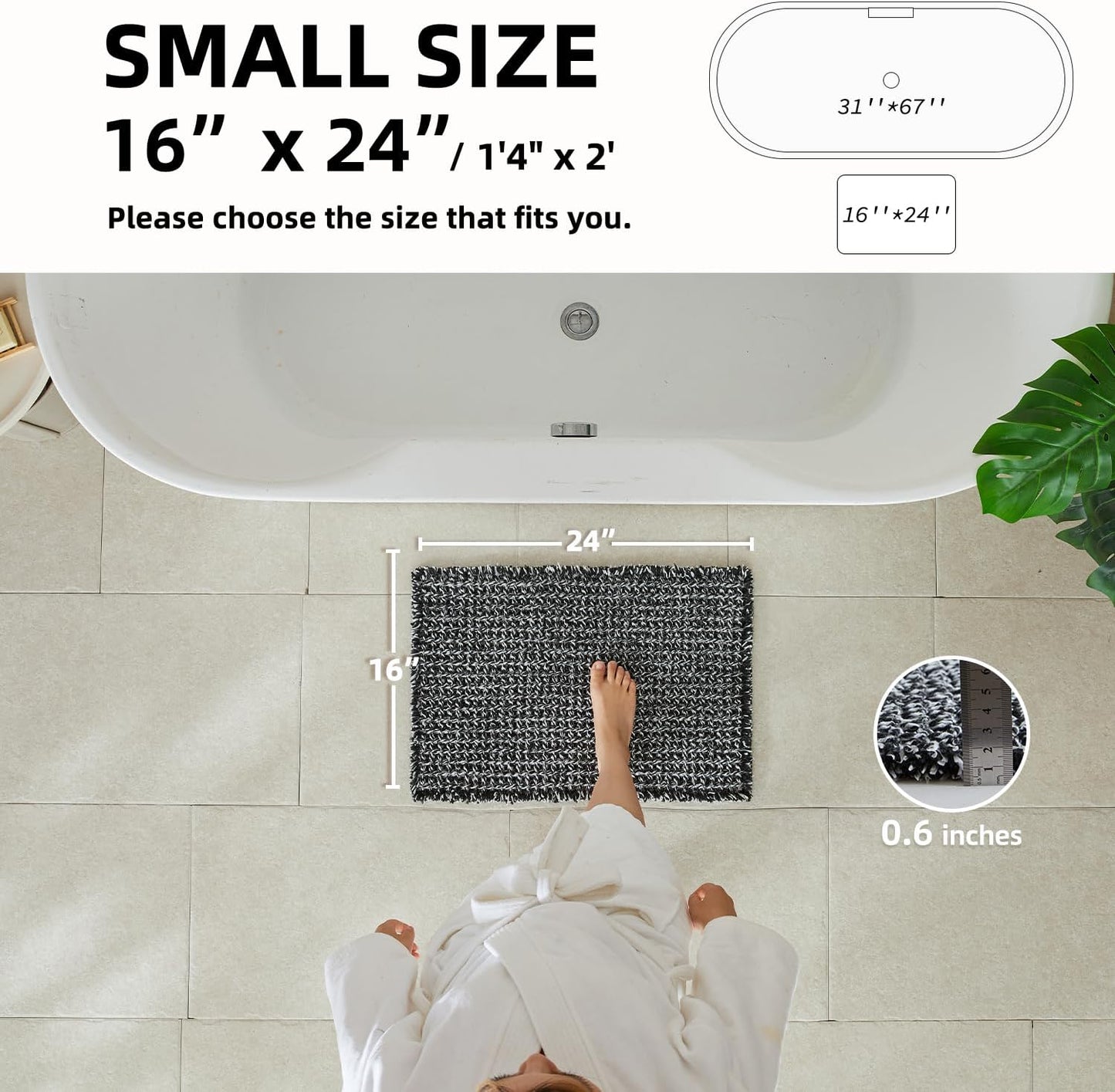 Black and White Bathroom Rugs, Waffle Bath Mat Non Slip Washable Super Absorbent Quick Dry Boho Farmhouse Bathroom Decor, 24"x16" Black and White