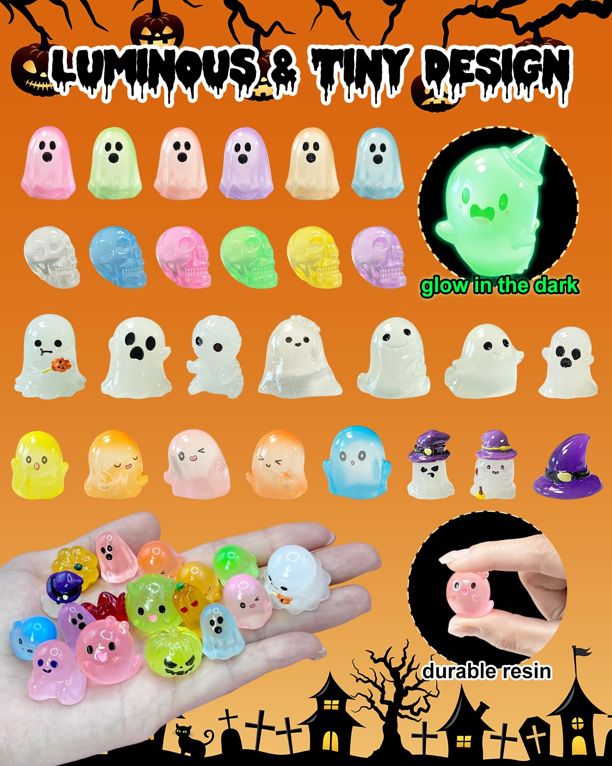Piemow 72 Pcs Halloween Mini Resin Animals Figures Kit - Luminous Tiny Resin Figurines Accessories, Glow in The Dark Miniature Ghost Figurines for Halloween Party, Micro Landscape, Tabletop Decor