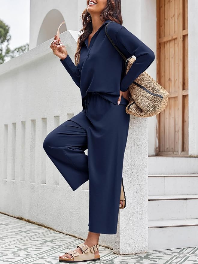 Imily Bela Womens 2 Piece Outfits Sweatsuit Long Sleeve Lapel V Neck Shirt and Wide Leg Pants 2025 Fall Trendy Tracksuit