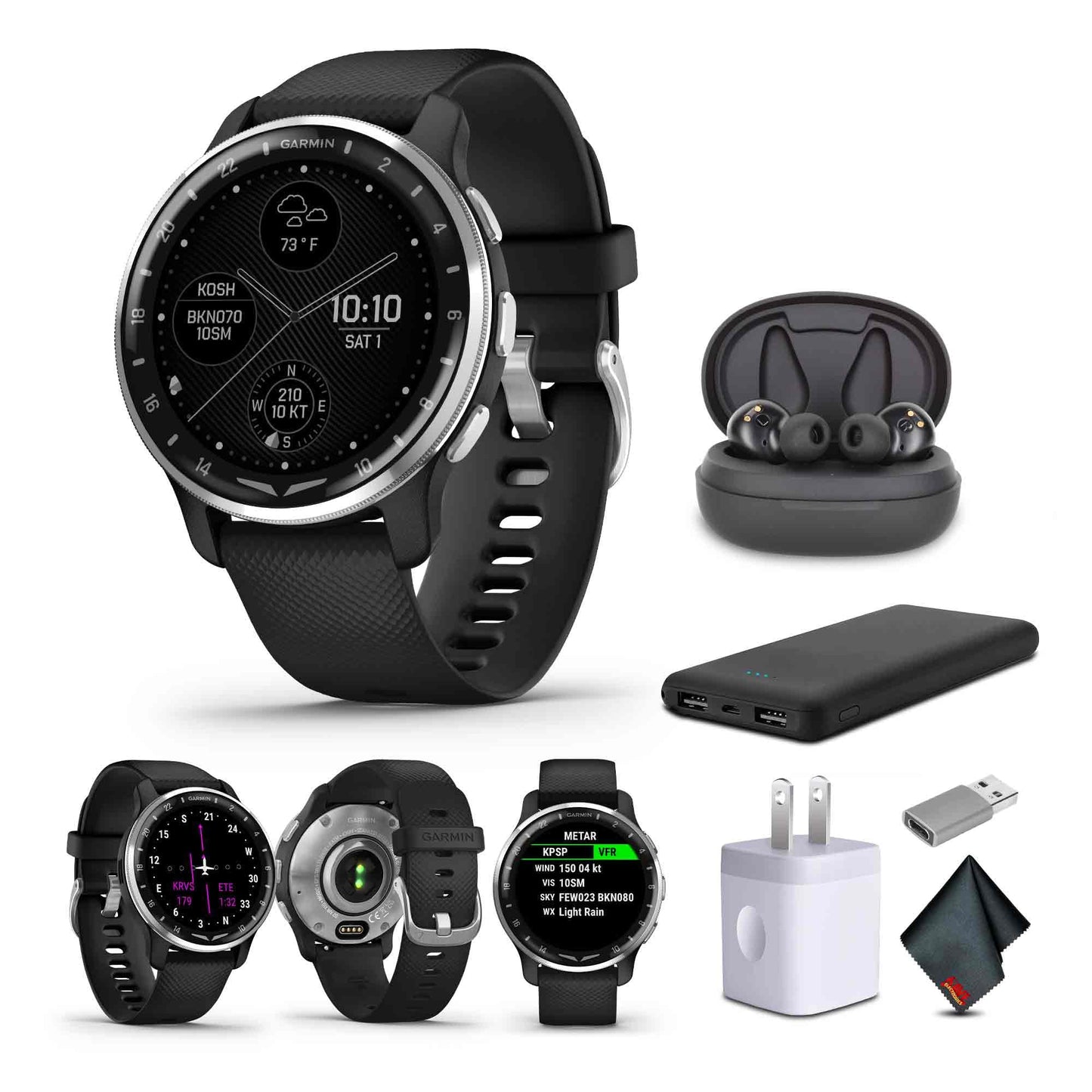 Garmin D2 Air X10 Aviator Gps Smartwatch With Call, Text, Health, Wellness And Aviation Weather Features (Black) + Usb Wall Char