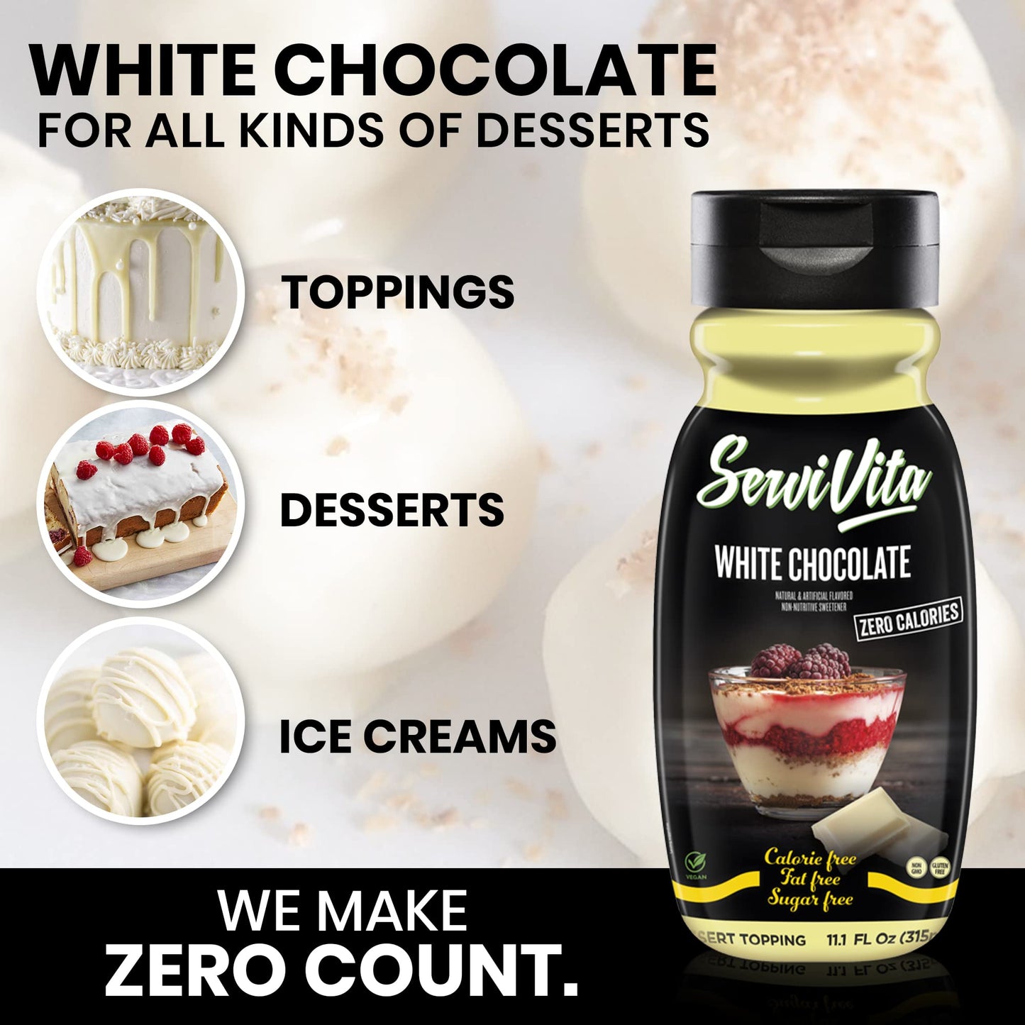 Sugar Free WHITE CHOCOLATE Syrup Zero Calories and Fat Free Topping, 11.1 FL OZ - No Sugar White Chocolate Syrup Dessert Topping Gluten-Free, Non-GMO, Vegan and Keto Friendly - ServiVita