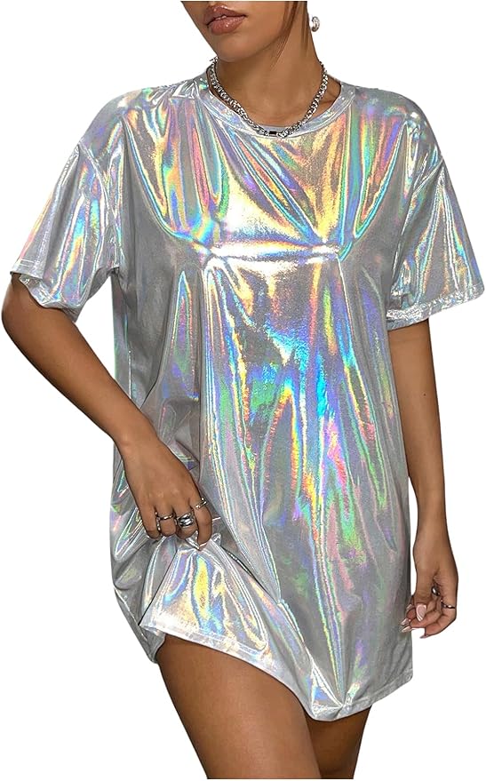Floerns Women's Metallic Short Sleeve Tee Shirt Dress Holographic Disco Dress
