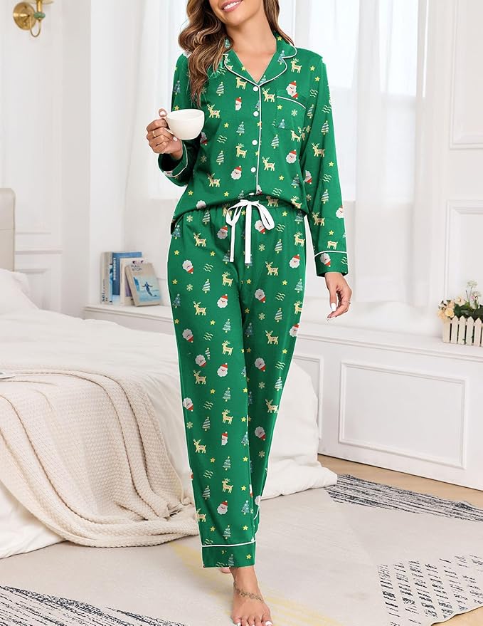 Veseacky 100% Cotton Pajamas for Women Set Long Sleeve Button Down Sleepwear Soft Pjs Lounge Sets with Pockets XS-XXL