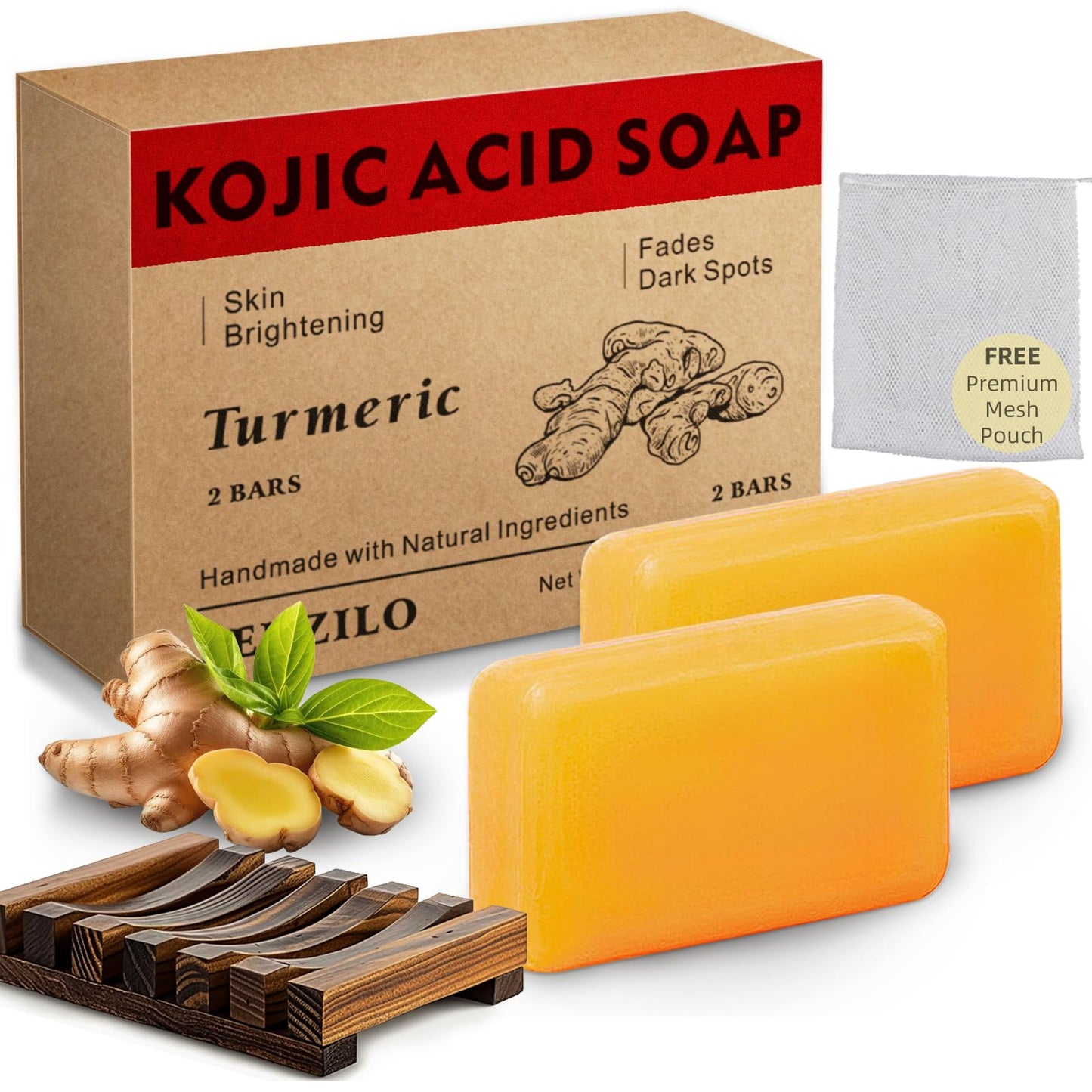 Senzilo Kojic Acid Soap, Turmeric Soap Bar for Dark Spots with Collagen, Vitamin E, Retinol, Hyaluronic Acid, Shea Butter - 105g