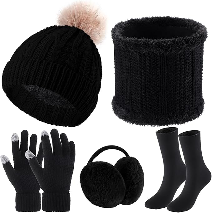 SATINIOR 5 Pcs Winter Hat Scarf Gloves Set Fleece Warm Lined Knit Beanie Hat Touch Screen Earmuff Gloves Warmer for Women(Black,Fresh Style)