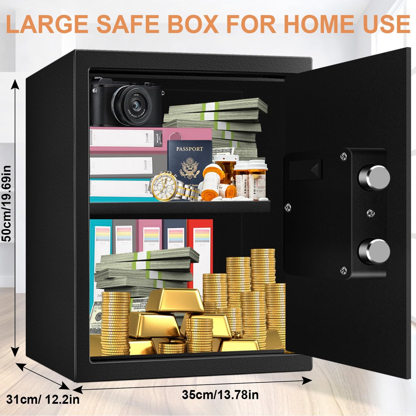 3.3 Cubic Feet Home Safe Fireproof Waterproof, Digital Home Security Safe Box with Programmable Keypad and Spare Keys, Document Safe for Money Firearms Medicine Valuables