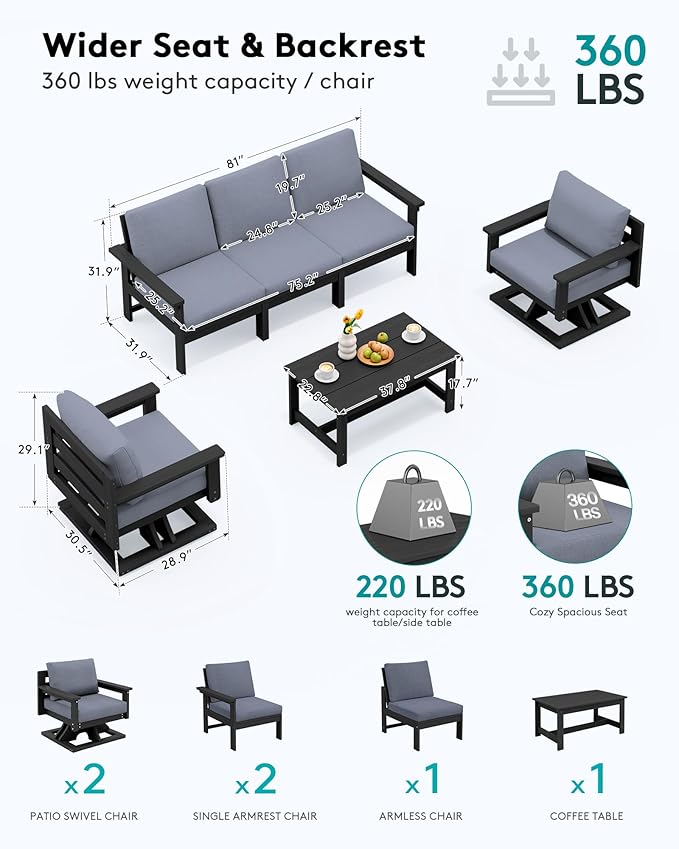 SERWALL HDPE Outdoor Patio Furniture Set, All-Weather 3-Seater Couch with 2 Single Seat Swivel Sofas with Thick Cushions for Lawn, Deck, Black Frame with Gray Cushions