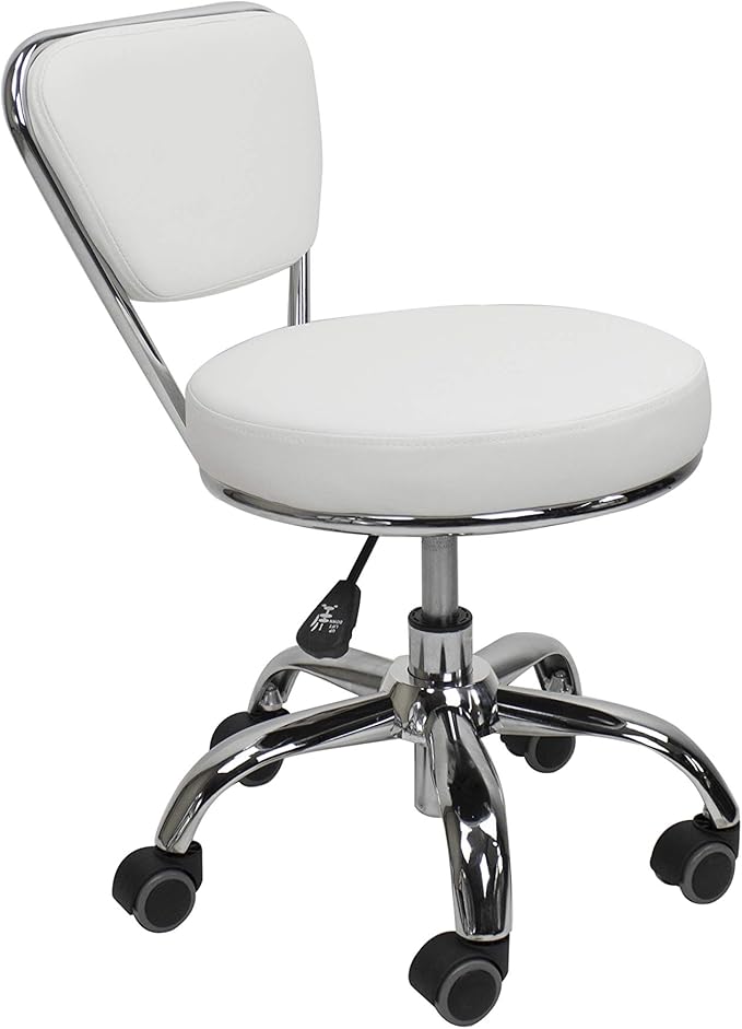 MAYAKOBA Dayton Rolling Stool with Backrest – White Pneumatic Seat, Adjustable Height 13"-15", Ergonomic Design for Home Office, Garage, Gardening, Lab, School, Mechanic Tasks