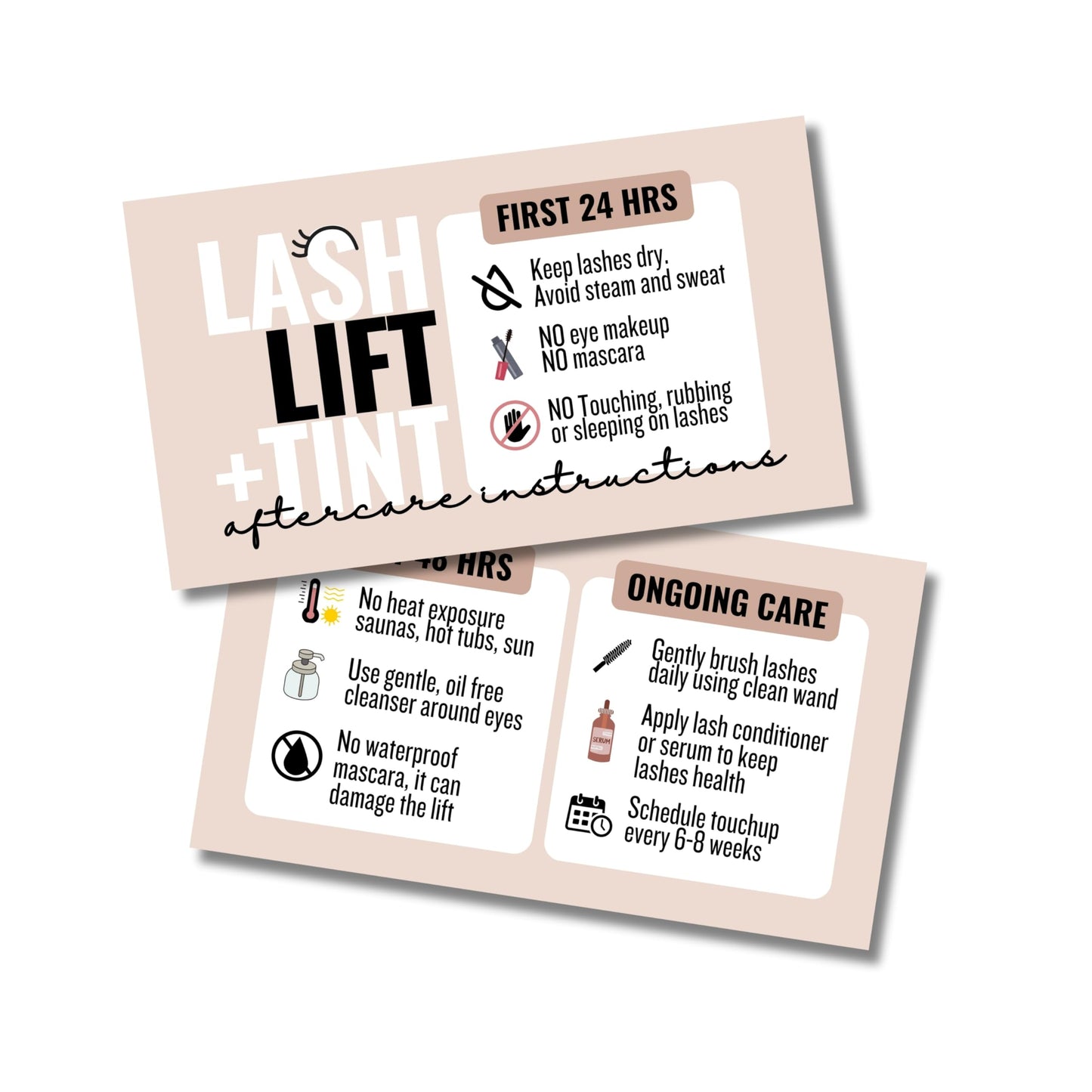 Tats4now Cute Modern Lash Lift and Tint Aftercare Cards - 55 Cards - Full Color High Gloss Front and Back - Perfect for Lash Art