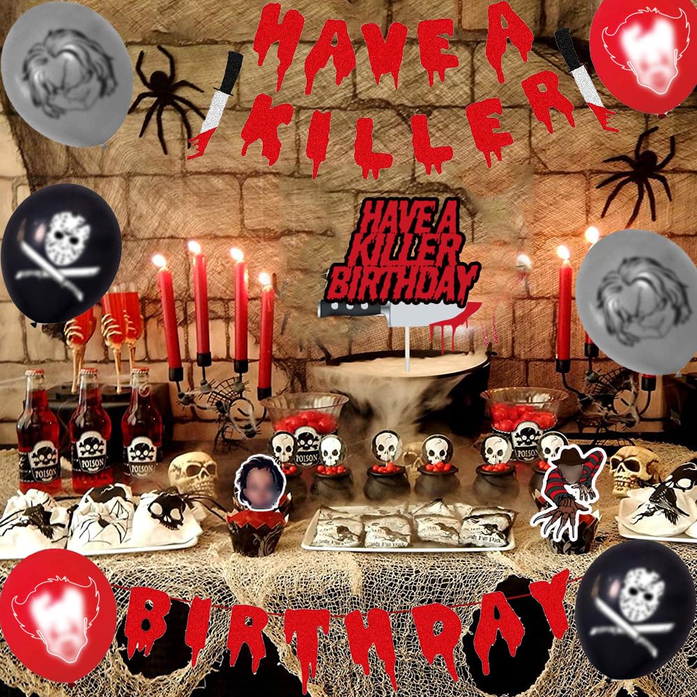 Have a Killer Birthday Party Decorations Bloody Birthday Banner Tablecloth Cake Topper Balloons for Halloween Horro Birthday Party Supplies