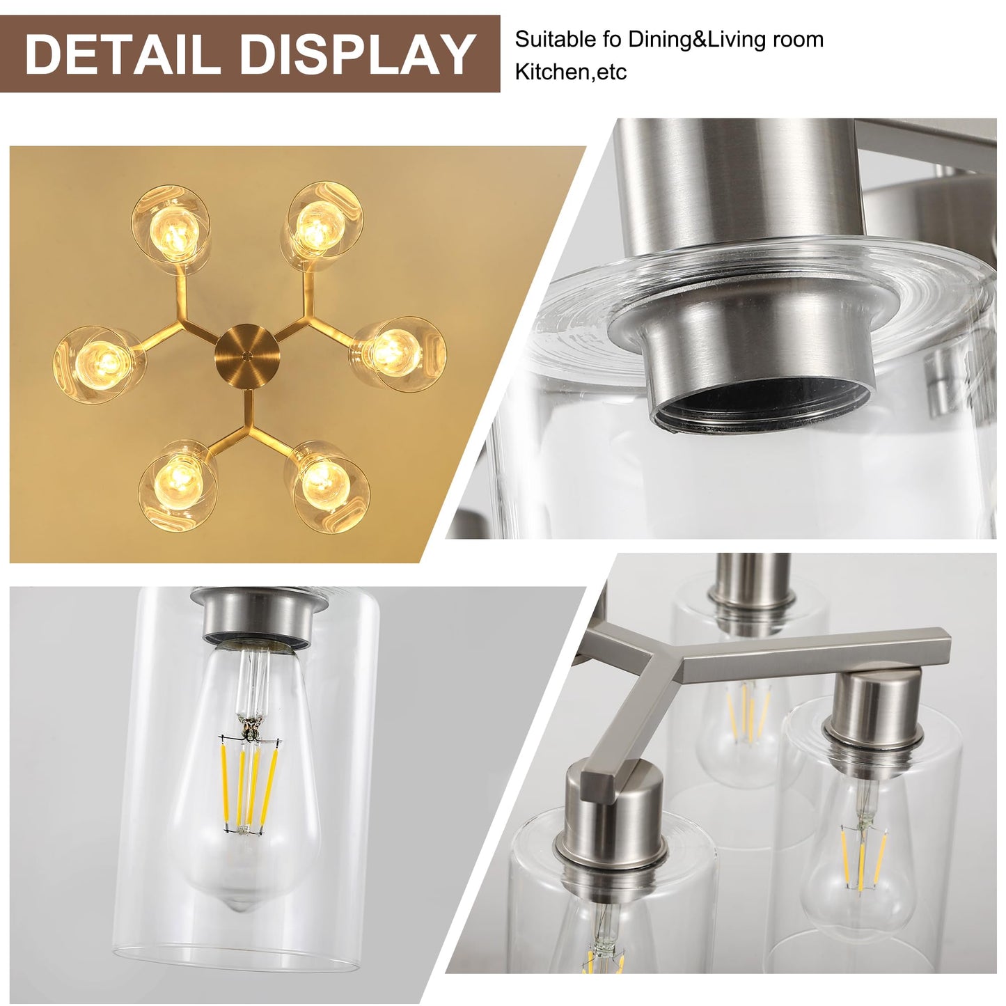 Kvaeavn 6-Light Modern Farmhouse Brushed Nickel Chandelier, Dining Room Light Fixture Over Table Adjustable Height Hanging Industrial Pendant Lights Kitchen Island, Clear Glass Shade