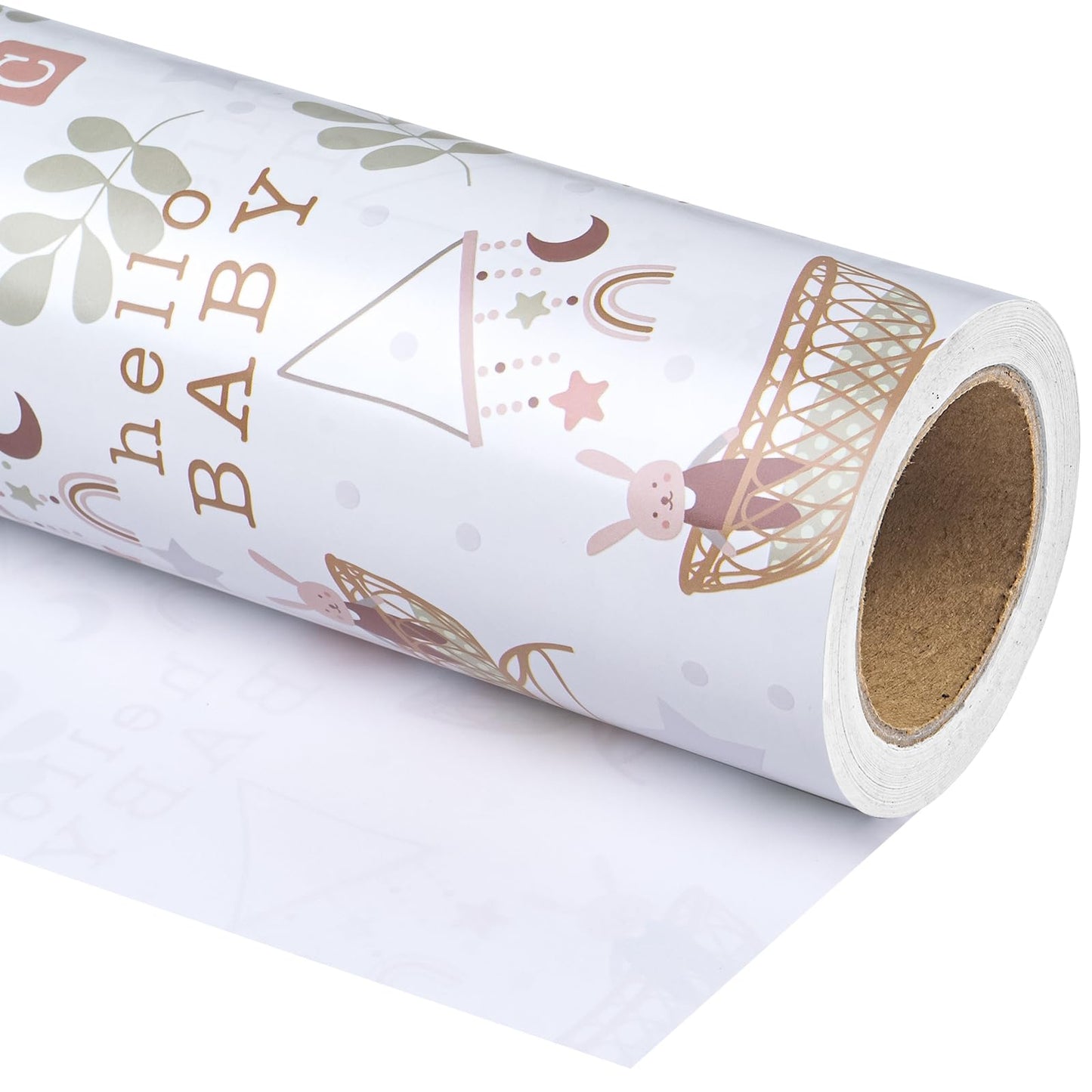 WRAPAHOLIC Jumbo Baby Shower Wrapping Paper - 30 Inch x 33 Feet - Hello Baby and Rabbit in Bassinet Design for Neutral Baby Shower, Boys Girls Kids Birthday