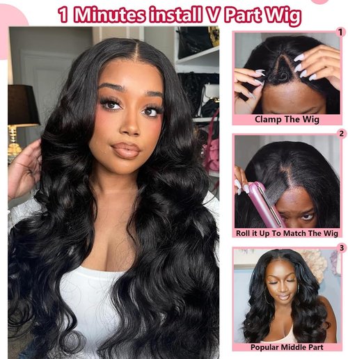 V Part Wig Human Hair Body Wave Upgrade U Part Human Hair Wig Beginner Friendly Clip In V Shape Wigs for Women Natural Black Color 18 Inch