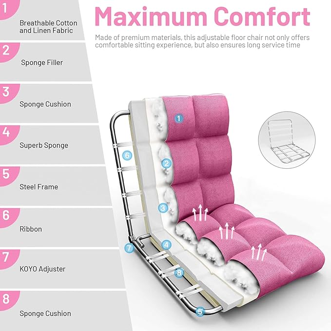 GORELAX Floor Chair with Back Support, 14-Poistion Adjustable Folding Gaming Chair Recliner, Meditation Chair with Steel Frame, Padded Lazy Sofa Chair for Adults, Kids (Pink)